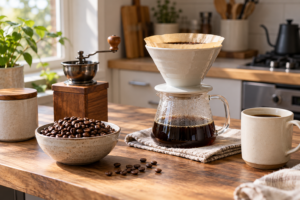 Pour-over coffee brewing through a paper filter