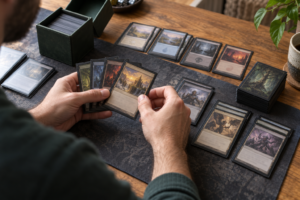 Player sorting Magic cards to build a deck
